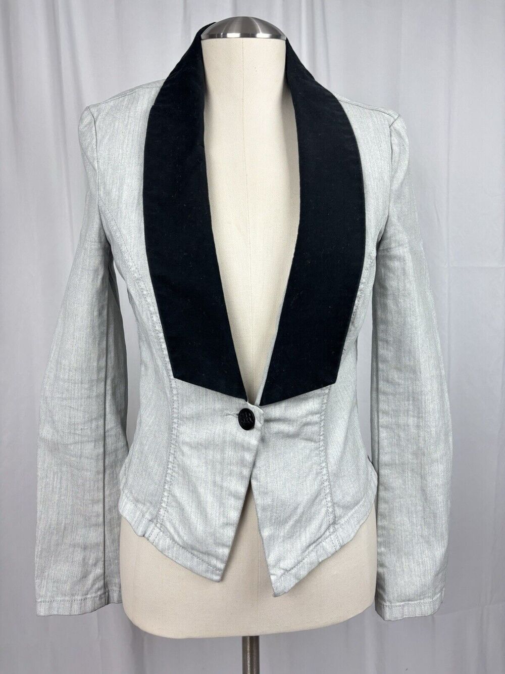 Rock & Republic Gray Denim Black One Button Tuxedo Blazer Jacket Size 6